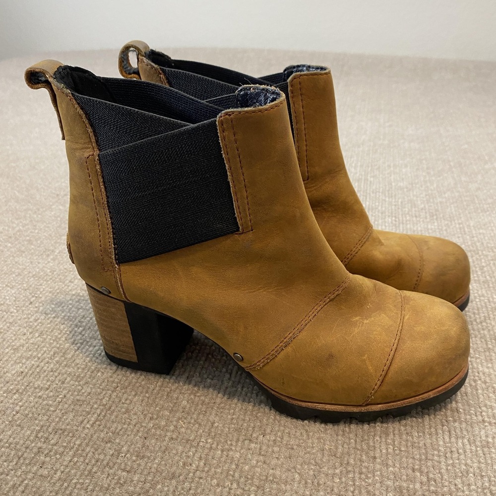 Sorel Chelsea Boots Womens Size 6.5 Brown Leather Ankle Block Heel NL2300-237‎